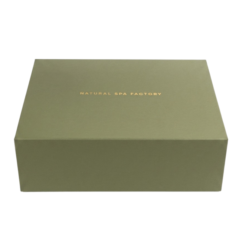 10 x Flat packed green and gold empty gift box with shred and gift tags